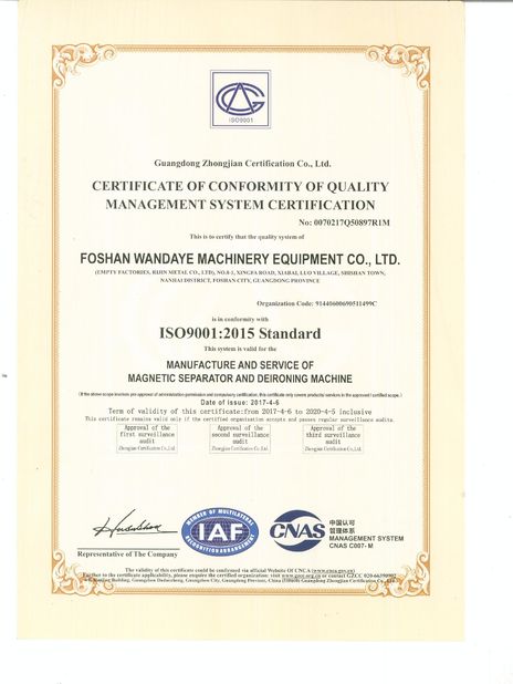 Cina Foshan Wandaye Machinery Equipment Co.,Ltd Sertifikasi